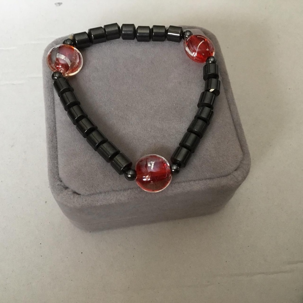 Bold Black and Red Beaded Bracelet with Hematite and Crystal Accents